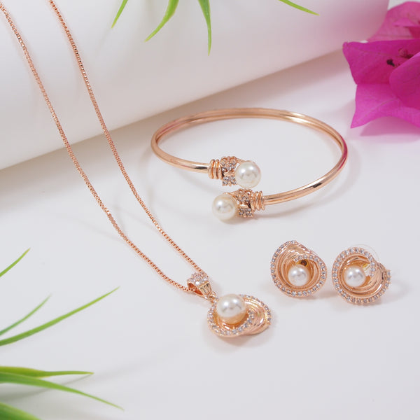 Rose Gold Cubic Zirconia Pendant Set & Adjustable Bracelet