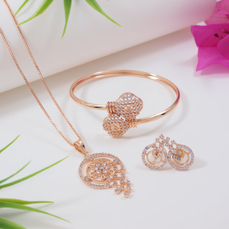 Rose Gold Cubic Zirconia Pendant Set & Adjustable Bracelet