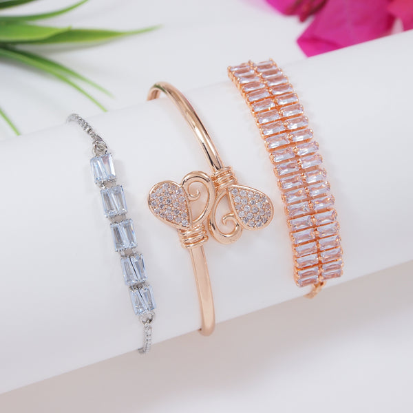 (Pack of 3) Silver & Rose Gold Cubic Zirconia Adjustable Bracelet