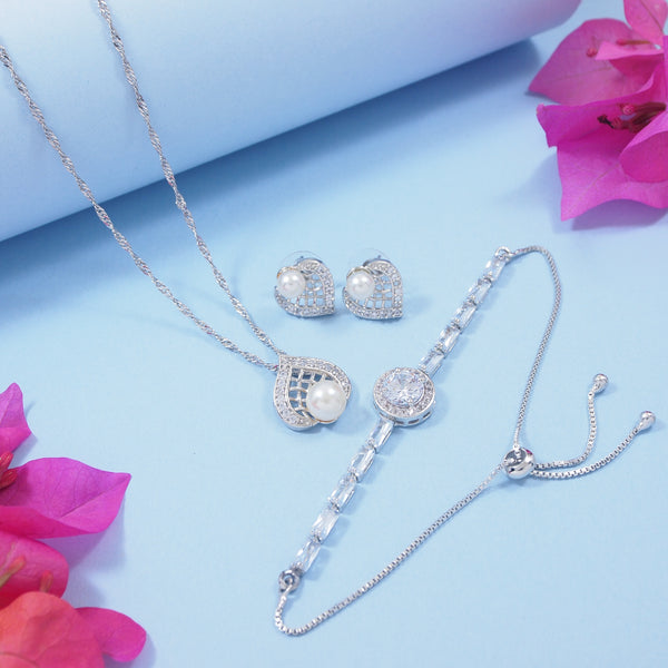 Silver Cubic Zirconia Pendant Set & Adjustable Bracelet