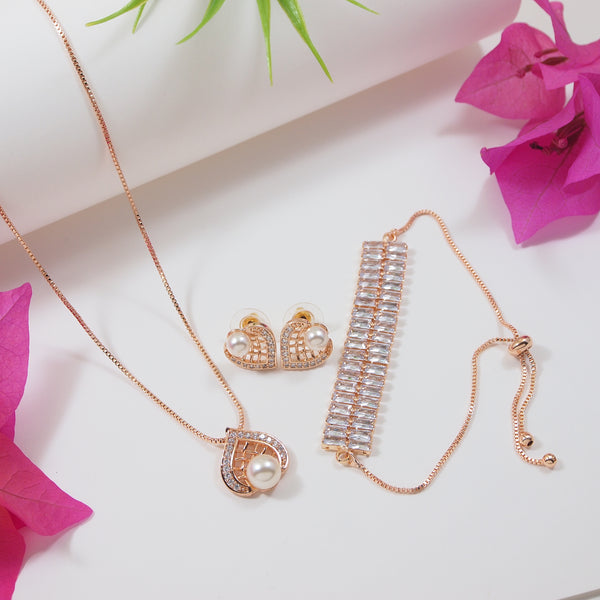 Rose Gold Cubic Zirconia Pendant Set & Adjustable Bracelet