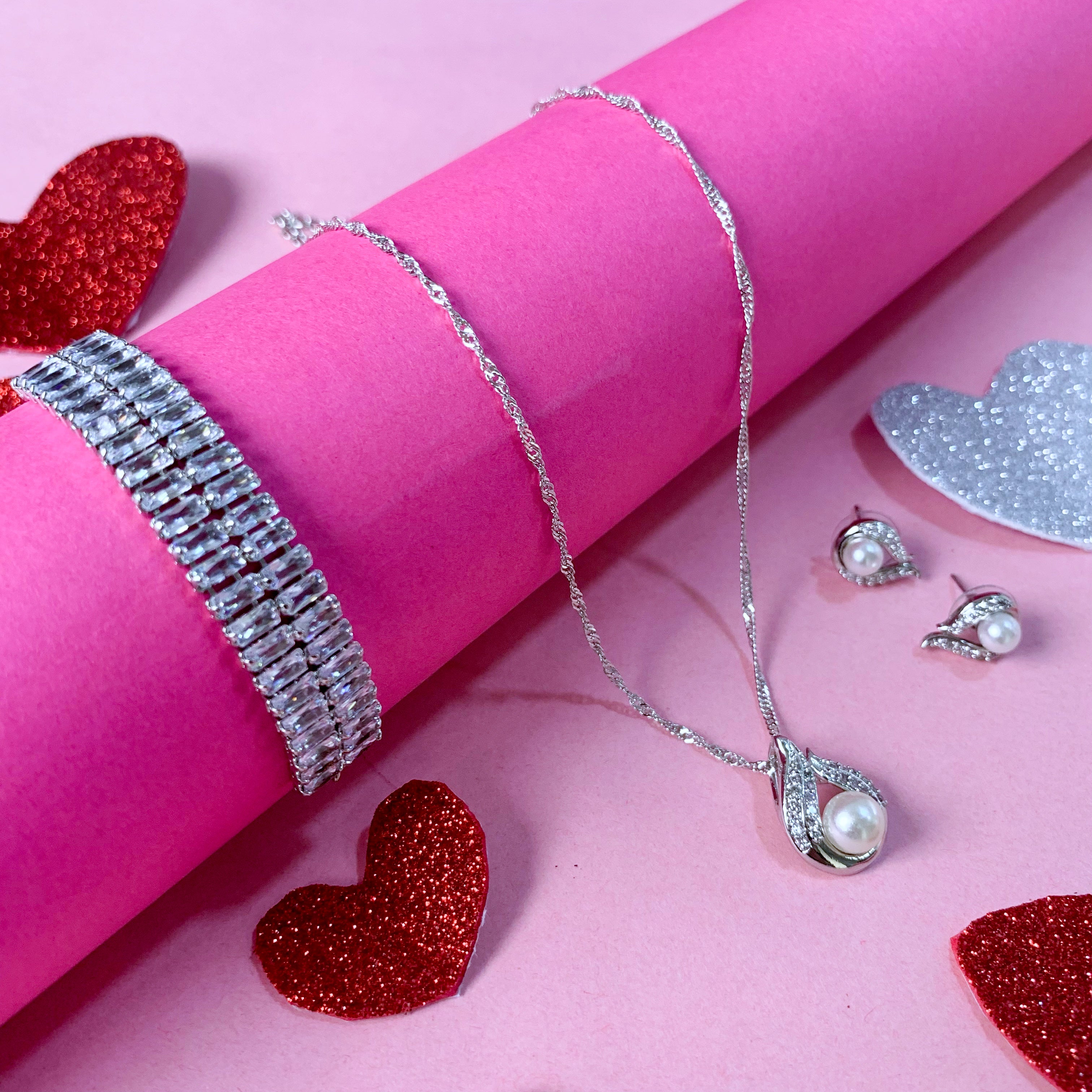 Silver Cubic Zirconia Pendant Set & Adjustable Bracelet