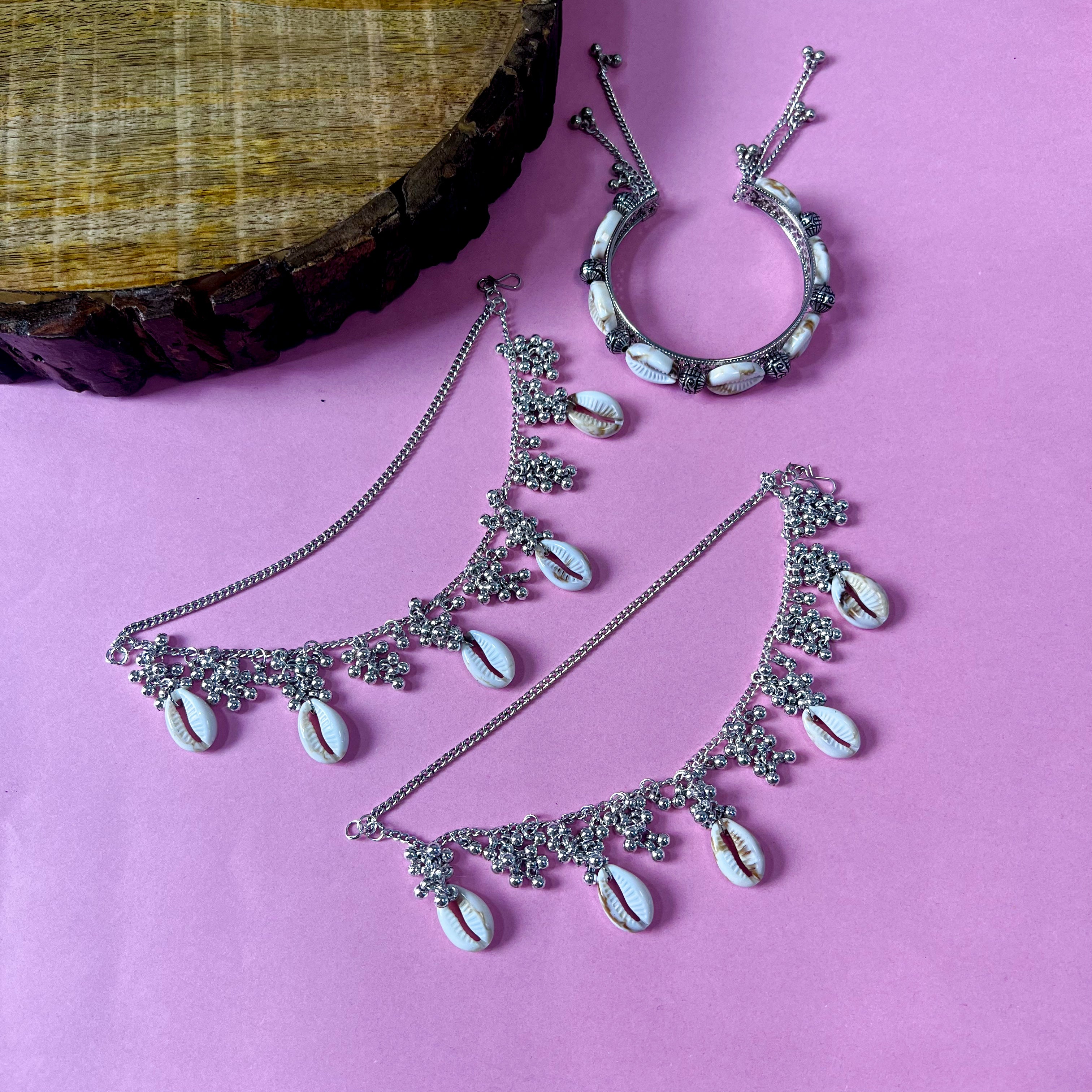 Silver Oxidised Earchain And Kada Gift Set