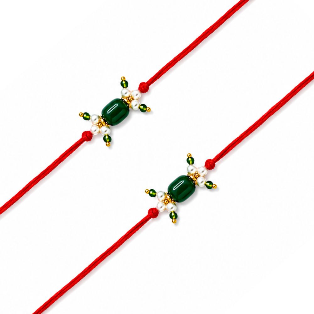 Green Beads and Pearl Rakhi with  Roli Chawal & Rakshabandhan Card (Pack of 2)