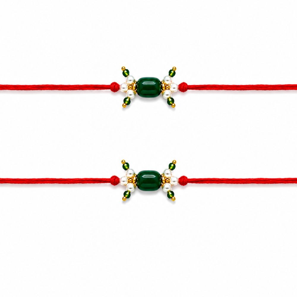 Green Beads and Pearl Rakhi with  Roli Chawal & Rakshabandhan Card (Pack of 2)