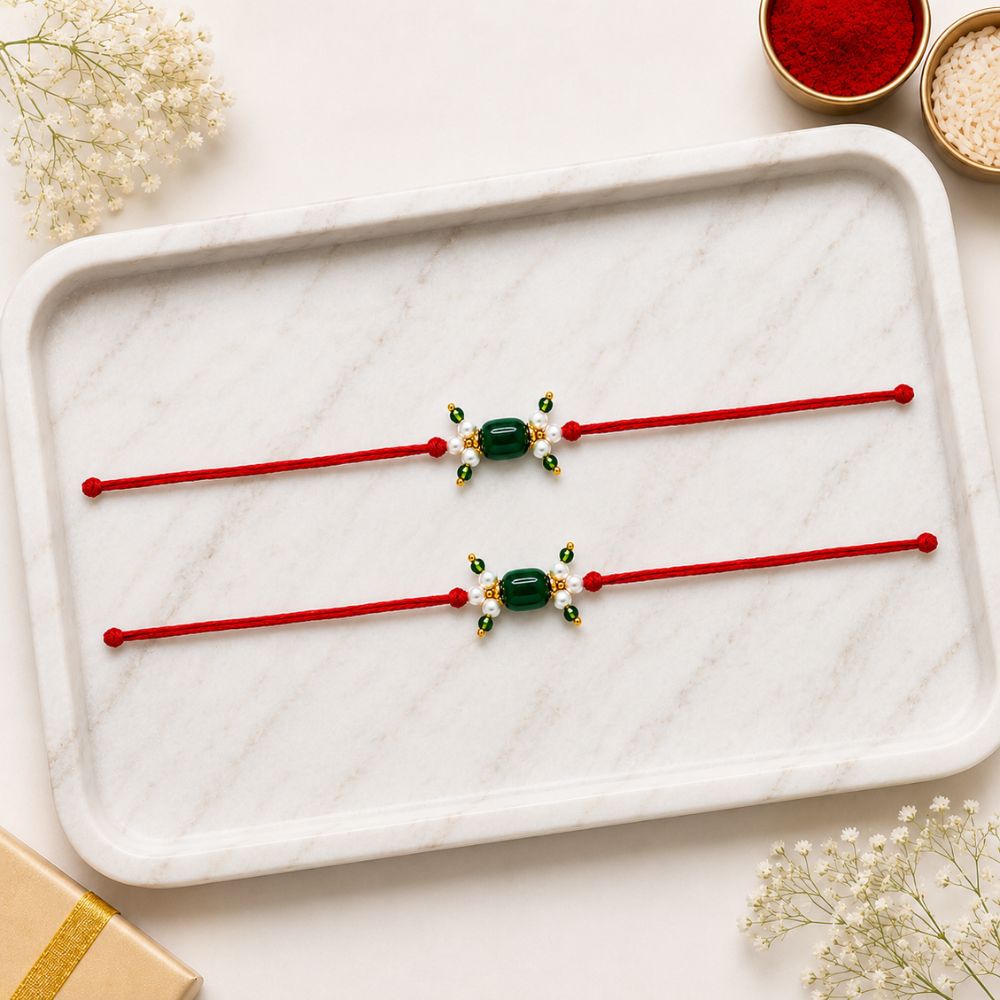 Green Beads and Pearl Rakhi with  Roli Chawal & Rakshabandhan Card (Pack of 2)