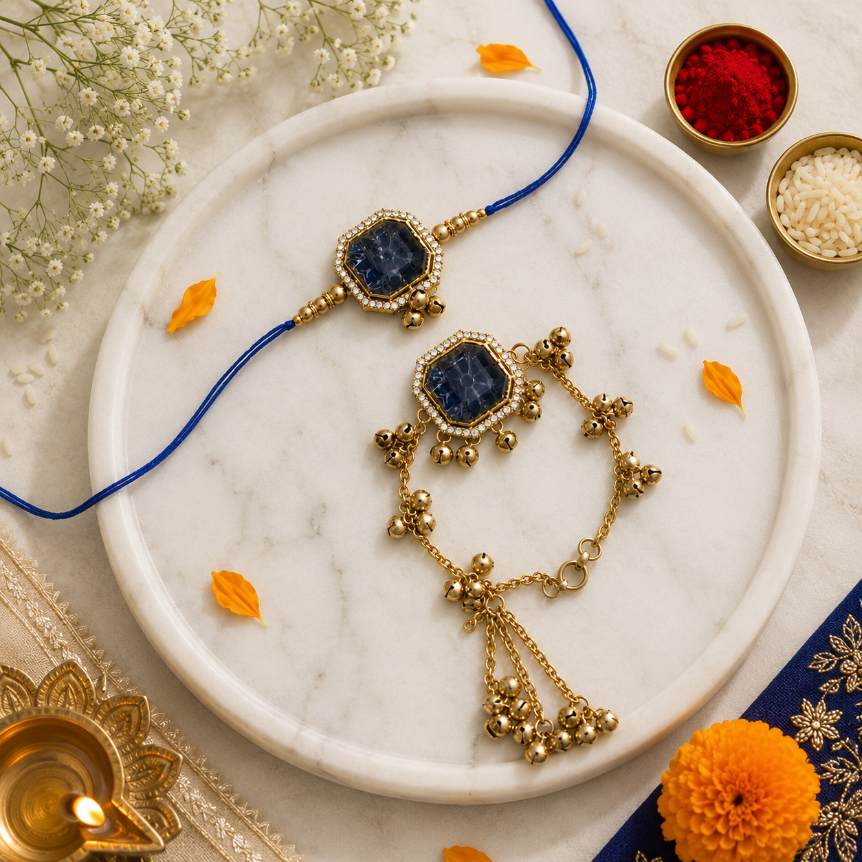 Royal Sapphire Kashmiri Ghungroo Bhaiya Bhabhi Lumba Rakhi with RoliChawal & Rakshabandhan Card