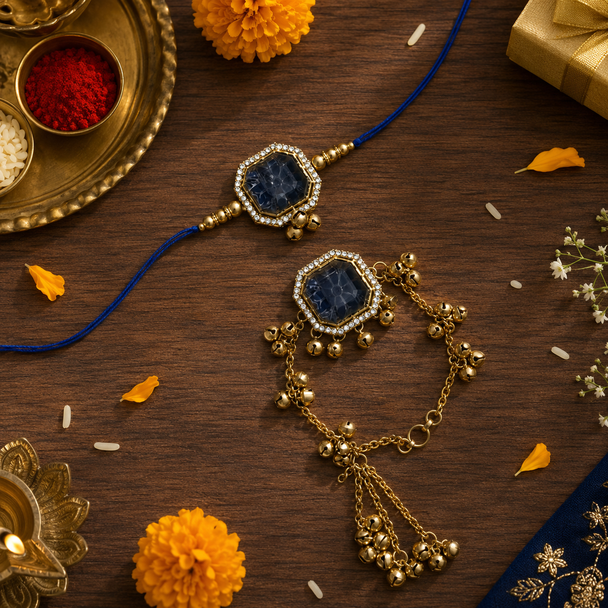 Royal Sapphire Kashmiri Ghungroo Bhaiya Bhabhi Lumba Rakhi with RoliChawal & Rakshabandhan Card