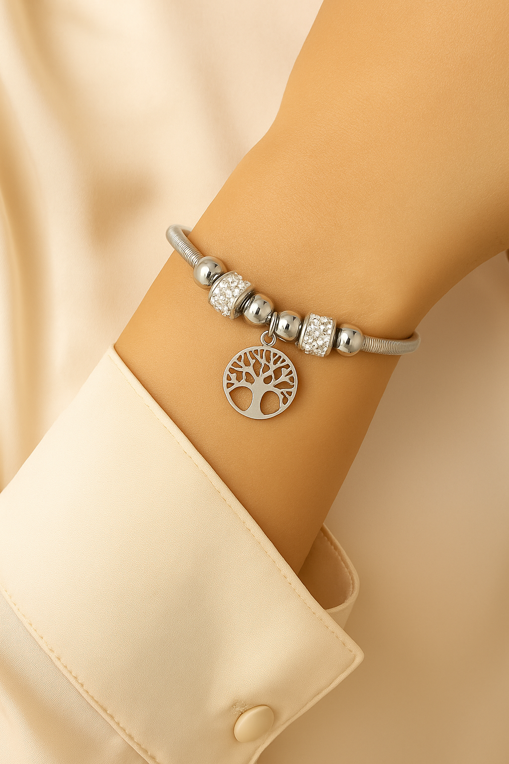 Spiritual Tree of Life Silver Bracelet with Rhinestone Beads