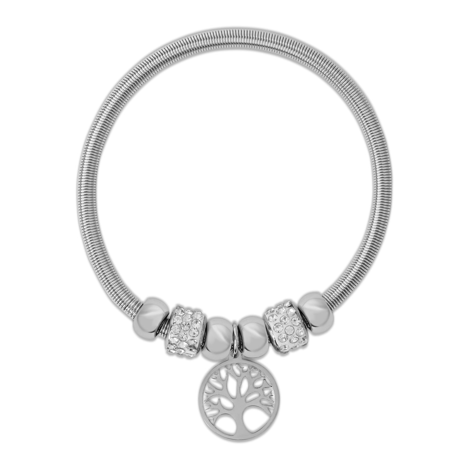 Spiritual Tree of Life Silver Bracelet with Rhinestone Beads