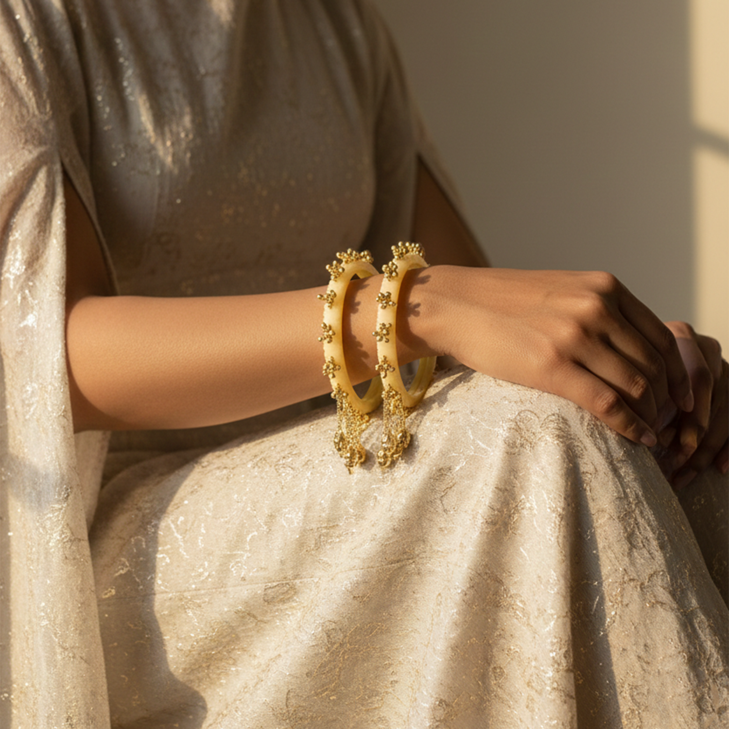 Indira- Cream Heritage Ghungroo Bangles (Set of 2)