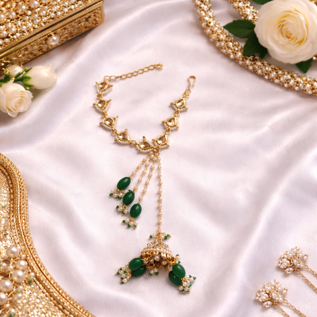 Gurleen- Kundan Pearl Jhumki Tassel Bracelet with Emerald Green Beads