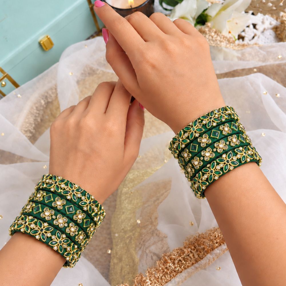 Haritasha – Green Bangles Set with Floral & Stone Accents