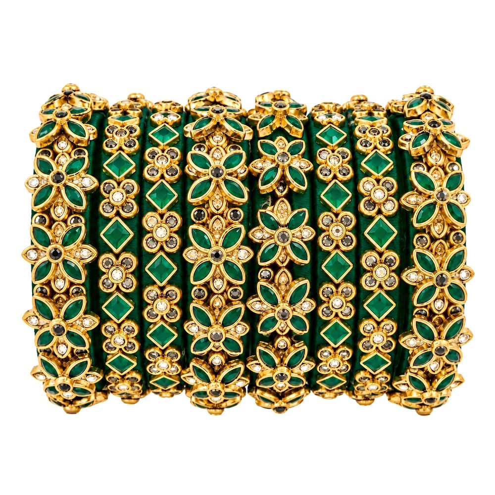 Haritasha – Green Bangles Set with Floral & Stone Accents