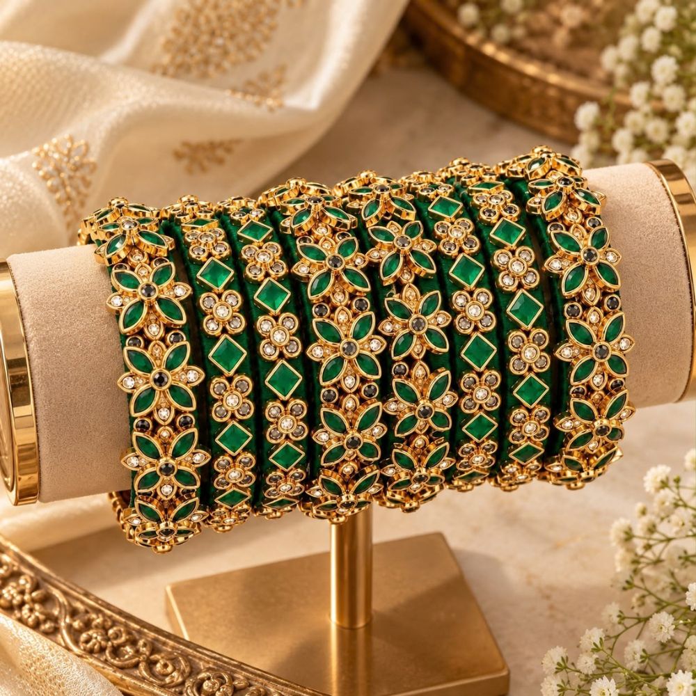 Haritasha – Green Bangles Set with Floral & Stone Accents