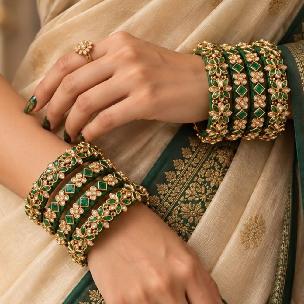 Haritasha – Green Bangles Set with Floral & Stone Accents