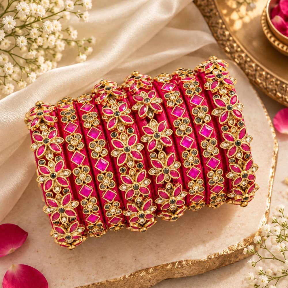 Ridhimi – Rani Pink Floral Stone Studded Bangles Set