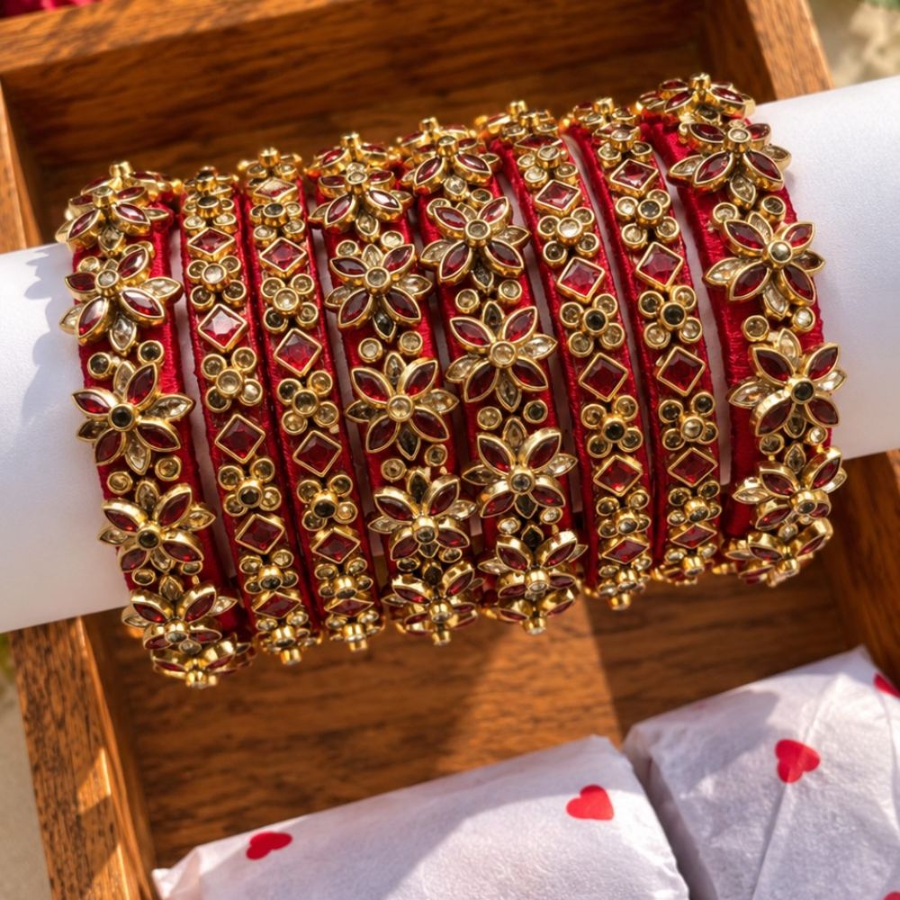 Ridhima – Maroon Floral Stone Studded Bangles Set