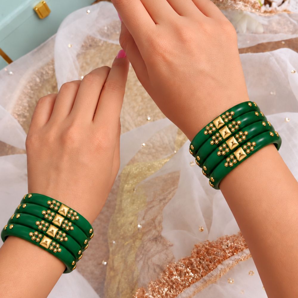 Praanya - Embellished Green Glass Bangles Set of 8