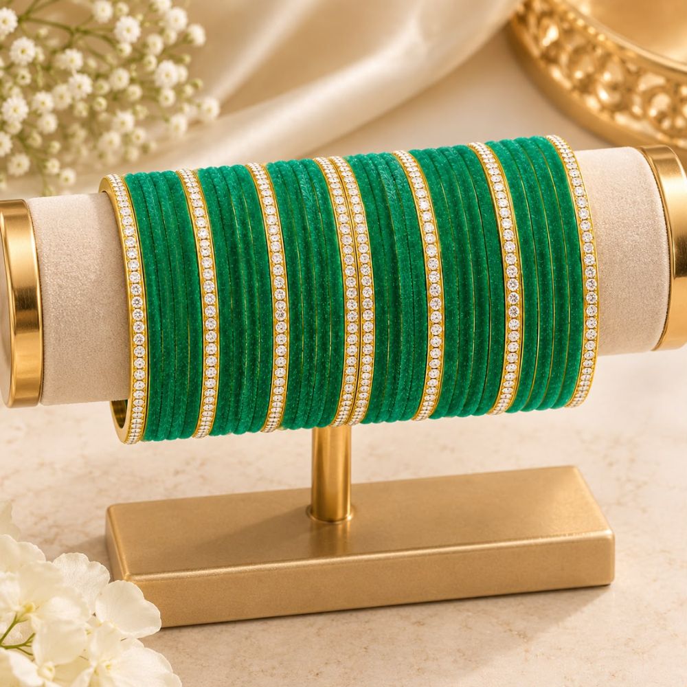Divyasha- Green Velvet Glass Bangles Set of 24 with White Stone Accents