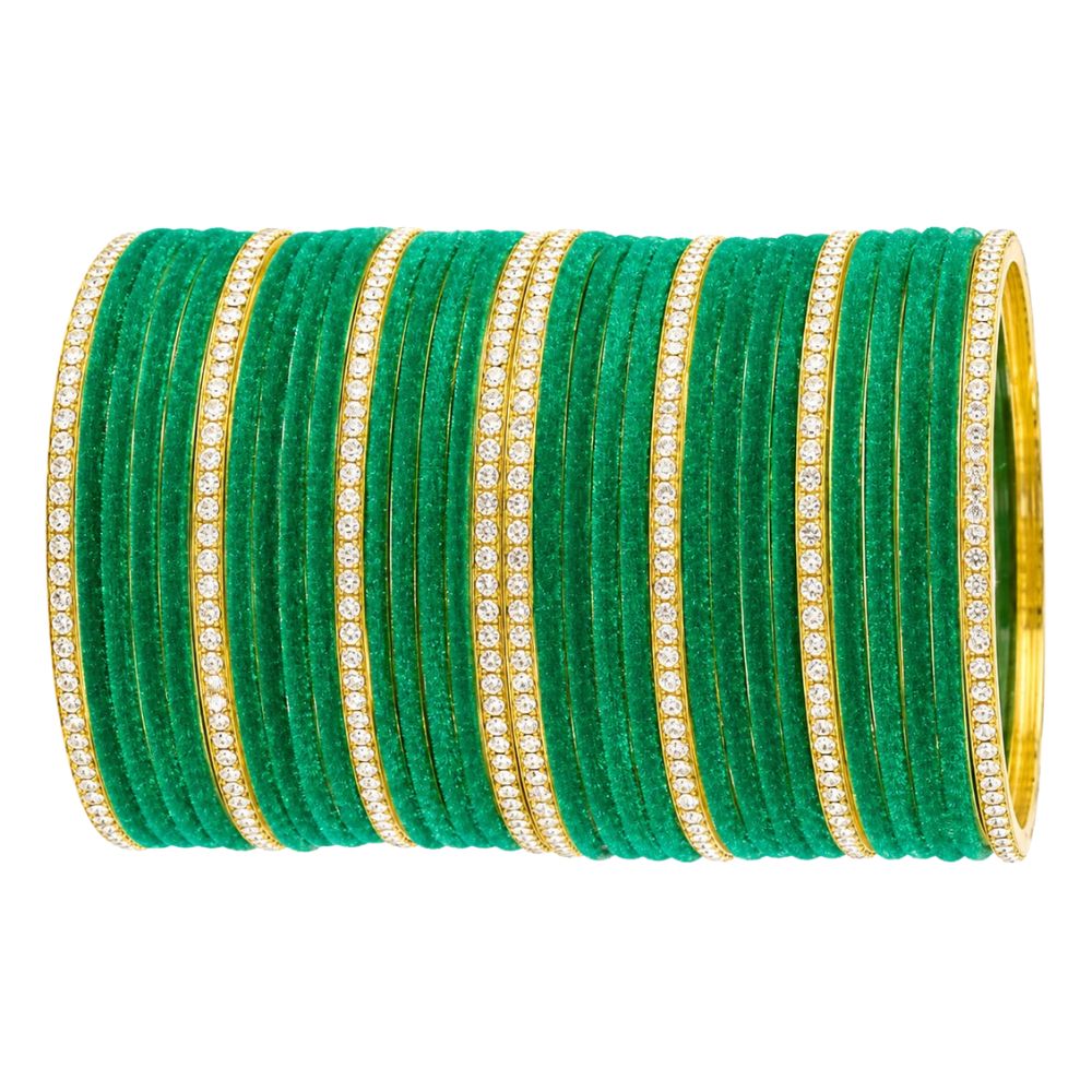 Divyasha- Green Velvet Glass Bangles Set of 24 with White Stone Accents