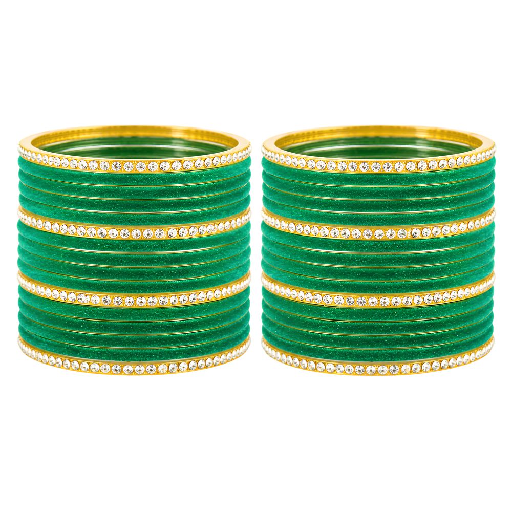 Divyasha- Green Velvet Glass Bangles Set of 24 with White Stone Accents