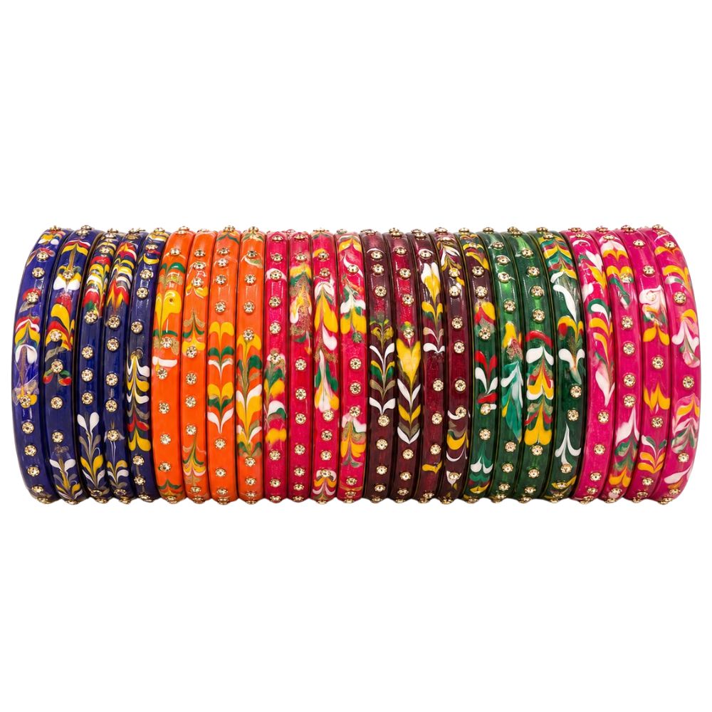 Rudrakshi- Multicolour Floral Glass Bangles Set of 24