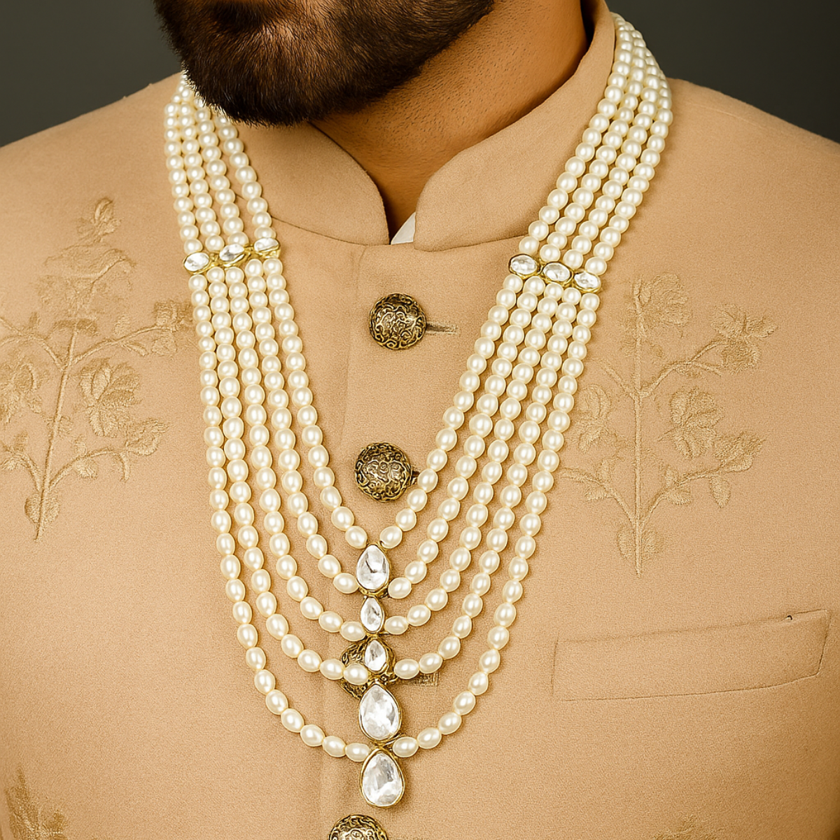 Arhan - White Pearl Multi-Layer Beaded Mala with Kundan Accents