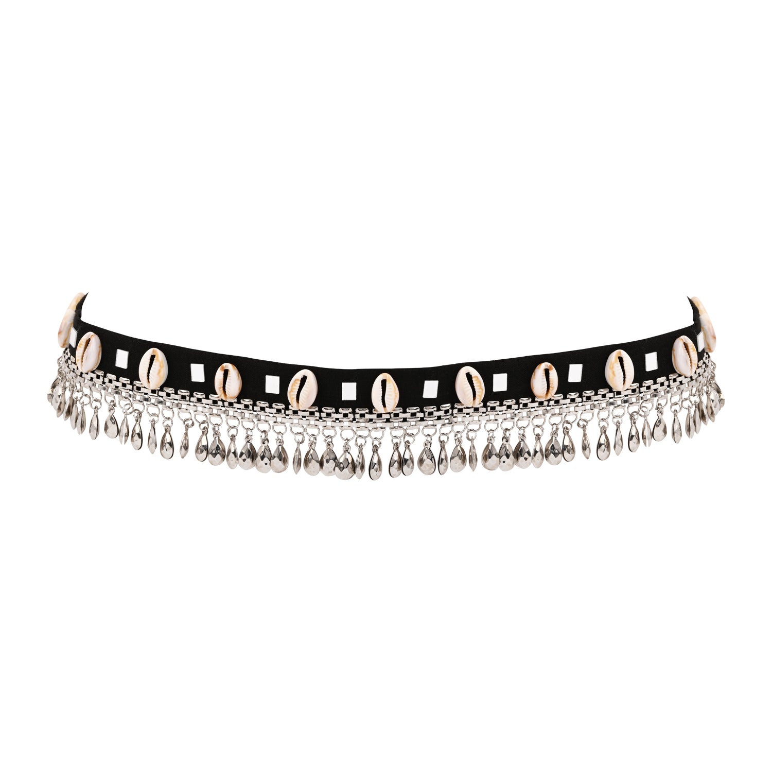 Ethnic Oxidised Cowrie Belt- Black Thread with Silver Danglers