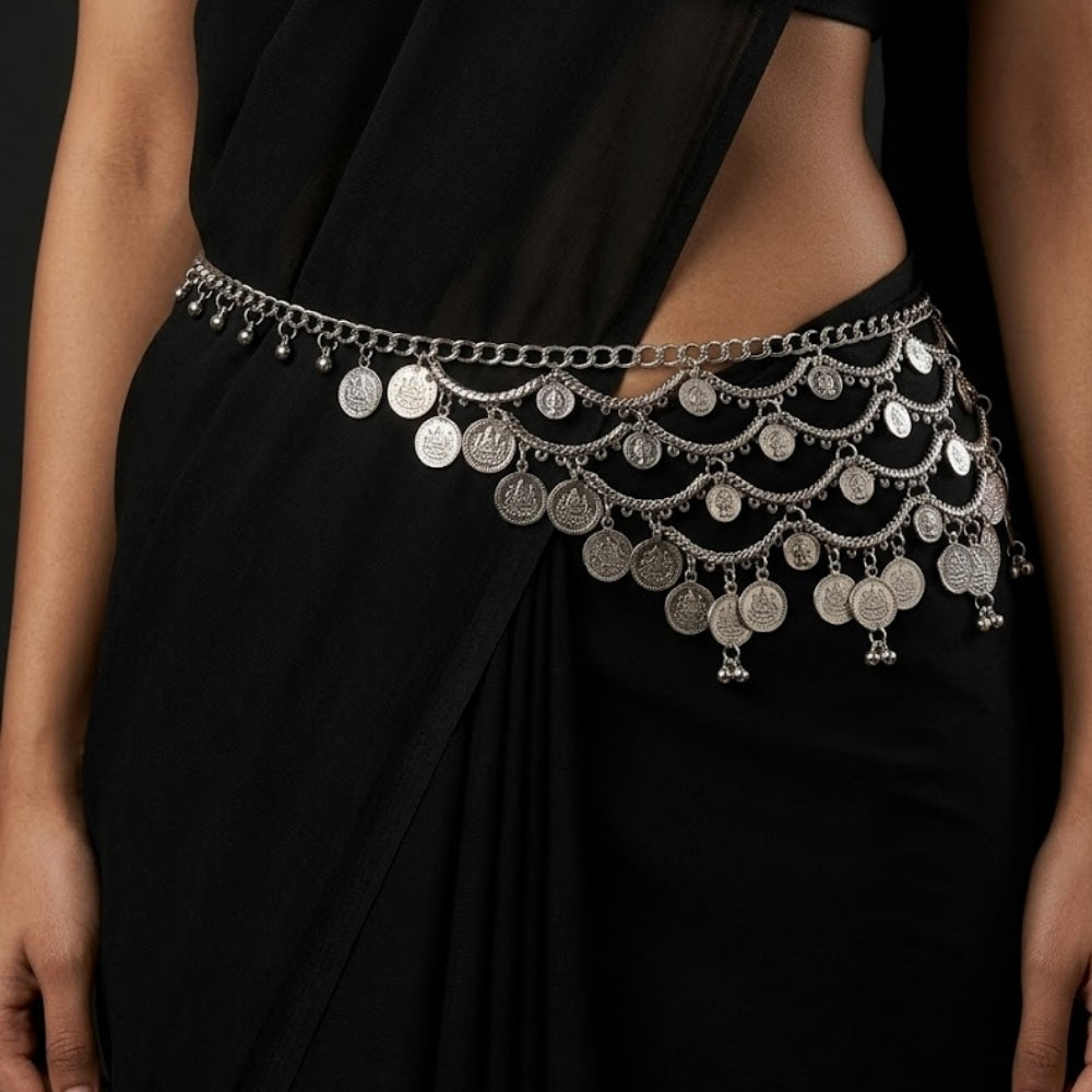 Vasudha- Silver Oxidised Coin Layered Kamarbandh Waist Chain