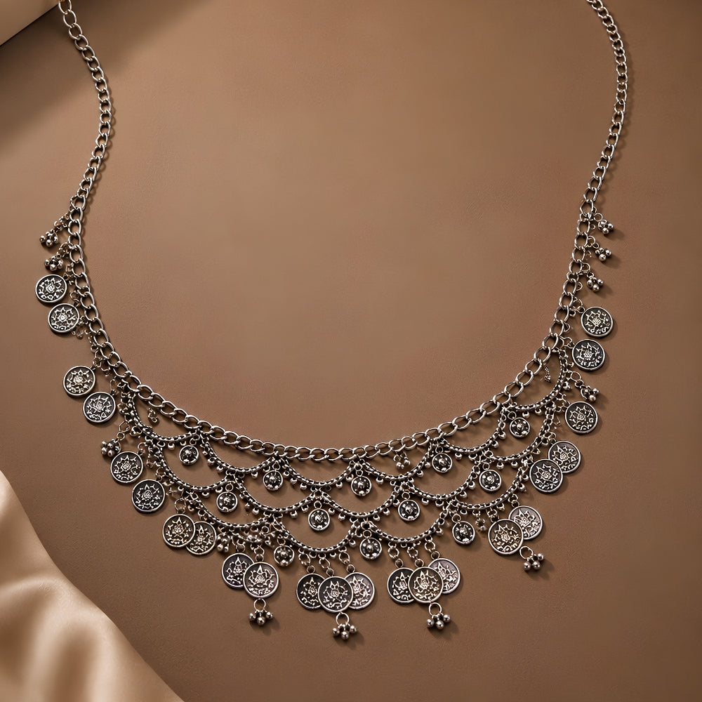 Vasudha- Silver Oxidised Coin Layered Kamarbandh Waist Chain