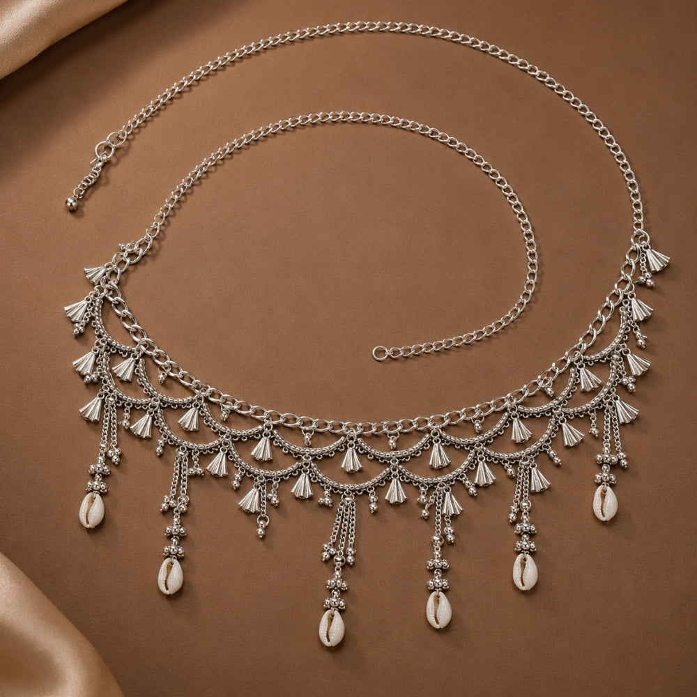 laxita- Silver Oxidised Shell Ghungroo Layered Kamarbandh Waist Chain