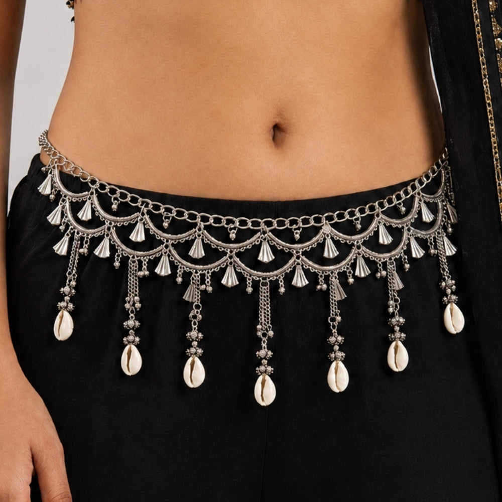 laxita- Silver Oxidised Shell Ghungroo Layered Kamarbandh Waist Chain