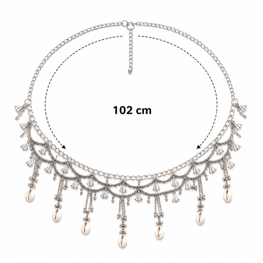 laxita- Silver Oxidised Shell Ghungroo Layered Kamarbandh Waist Chain