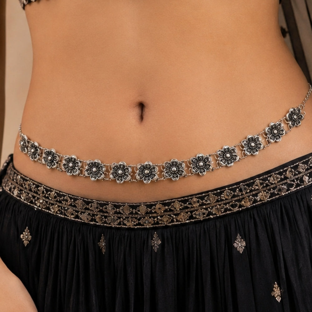 Shivanshi- Silver Oxidised Floral Kamarbandh Waist Chain