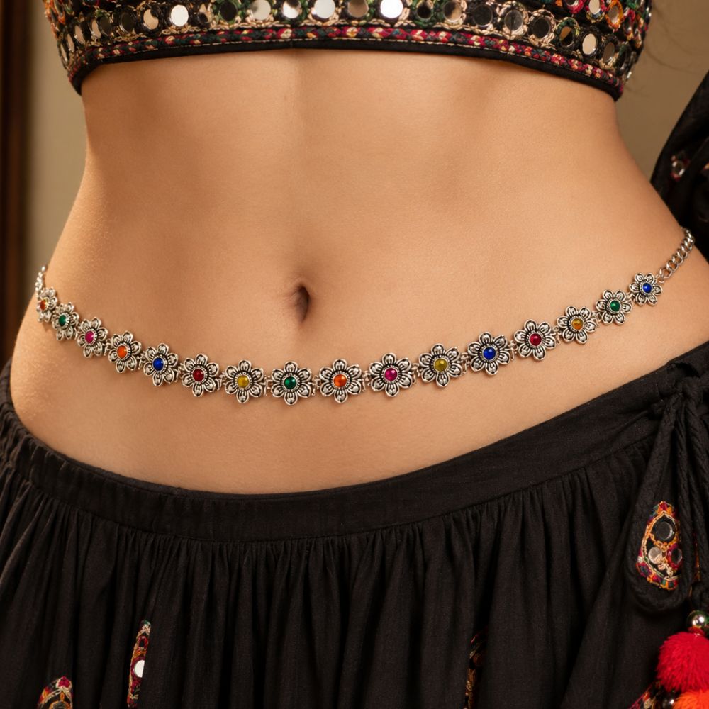 Nivira- Silver Oxidised Multicolour Floral Kamarbandh Waist Chain