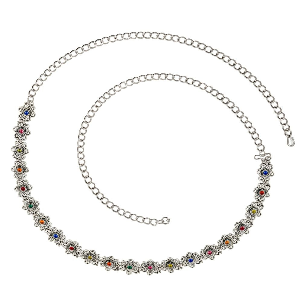 Nivira- Silver Oxidised Multicolour Floral Kamarbandh Waist Chain
