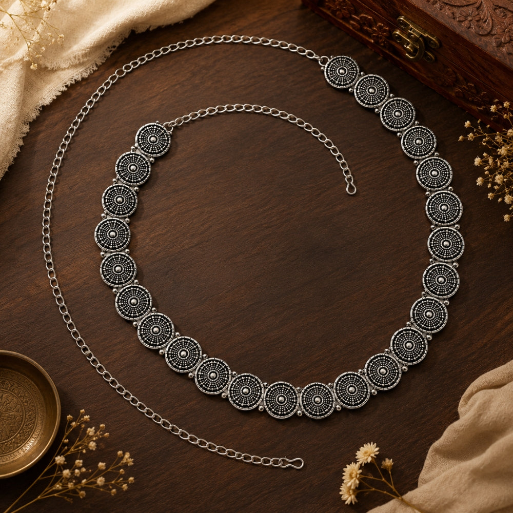 Nivira- Silver Oxidised Multicolour Floral Kamarbandh Waist Chain