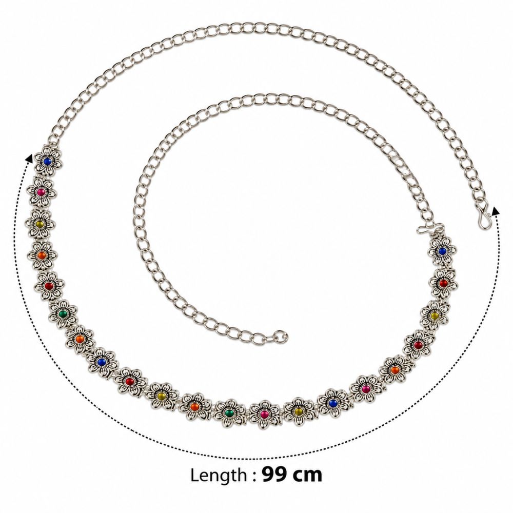 Nivira- Silver Oxidised Multicolour Floral Kamarbandh Waist Chain