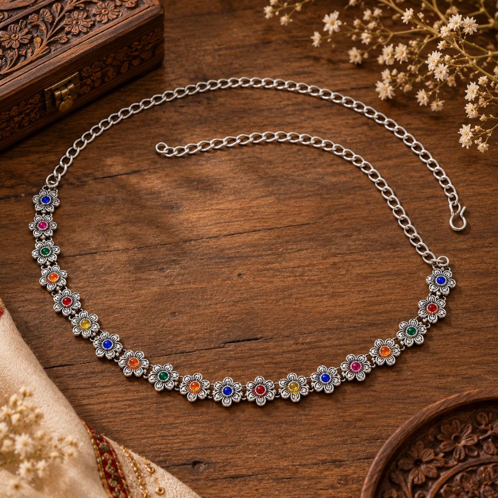 Nivira- Silver Oxidised Multicolour Floral Kamarbandh Waist Chain