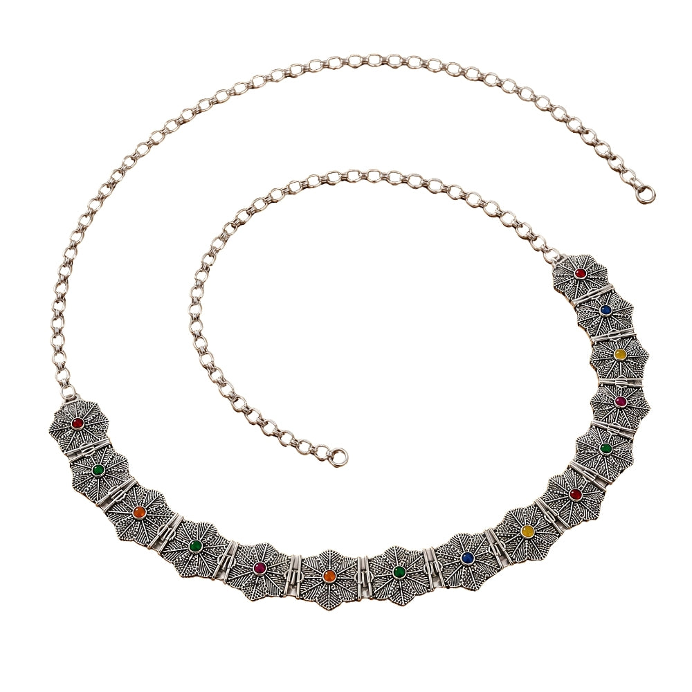 Mevika- Silver Oxidised Multicolour Floral Kamarbandh Waist Chain