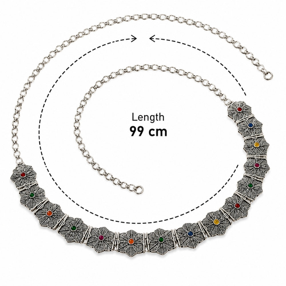 Mevika- Silver Oxidised Multicolour Floral Kamarbandh Waist Chain