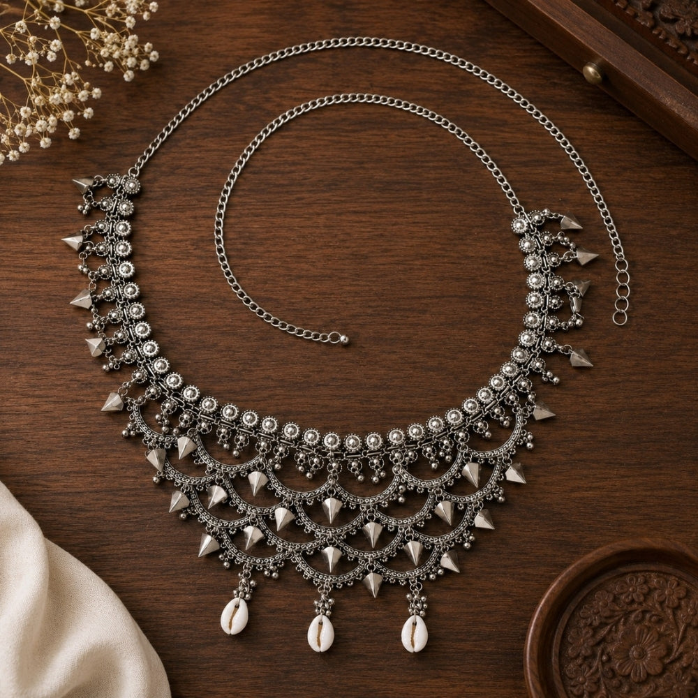 Urvi- Silver Oxidised Shell Spike Layered Kamarbandh Waist Chain