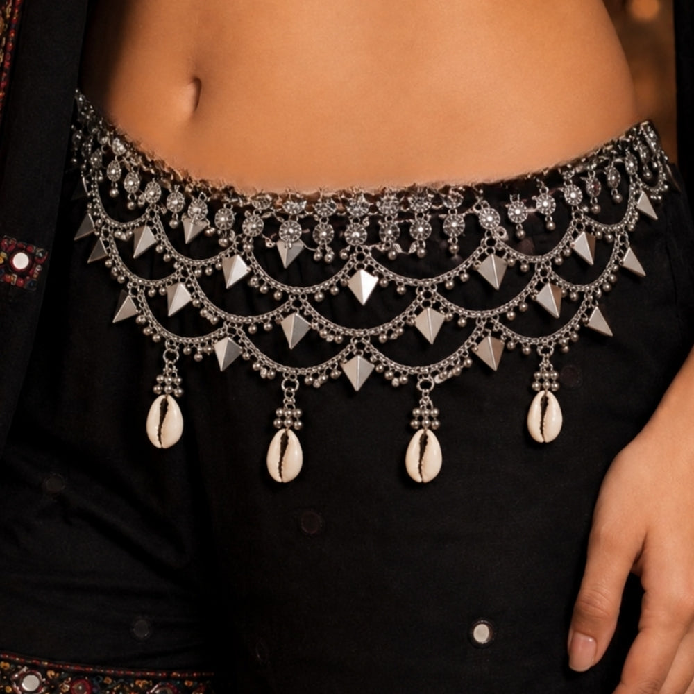 Urvi- Silver Oxidised Shell Spike Layered Kamarbandh Waist Chain