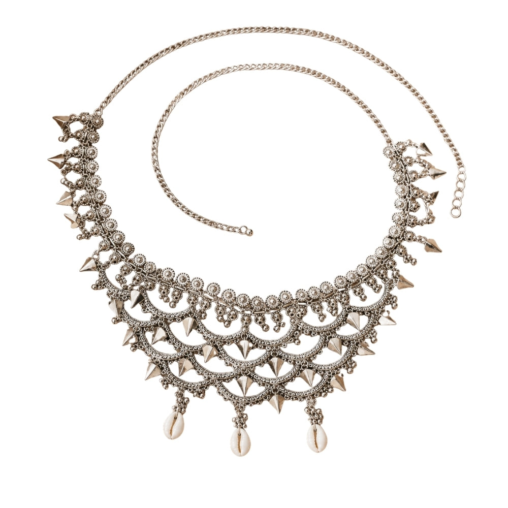 Urvi- Silver Oxidised Shell Spike Layered Kamarbandh Waist Chain