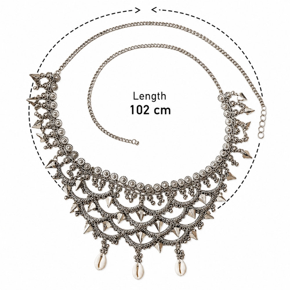 Urvi- Silver Oxidised Shell Spike Layered Kamarbandh Waist Chain