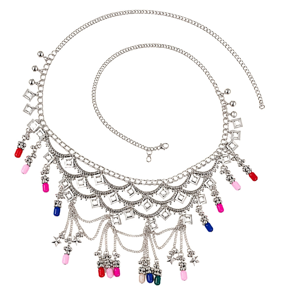 Era- Silver Oxidised Multicolour Beaded Layered Kamarbandh Waist Chain
