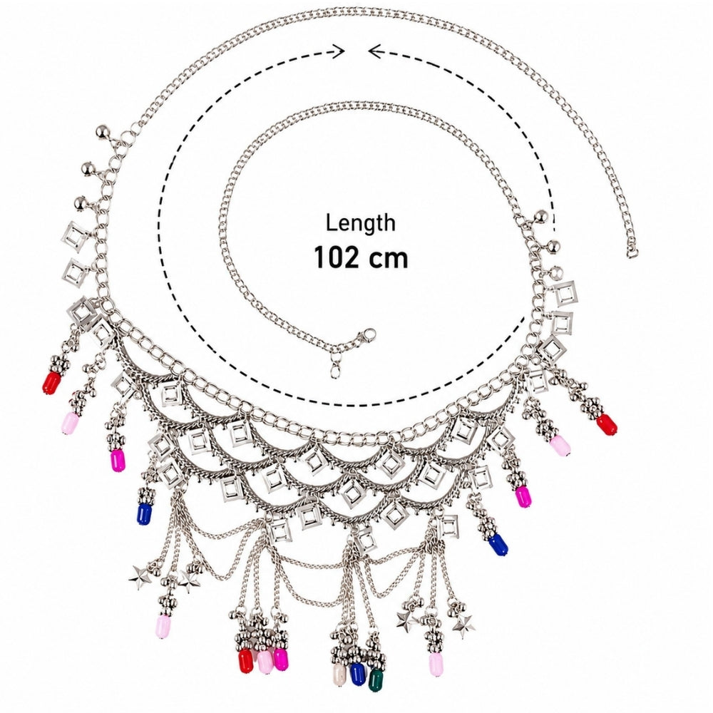 Era- Silver Oxidised Multicolour Beaded Layered Kamarbandh Waist Chain