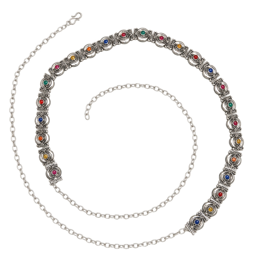 Sihaab Oxidised Silver Multicolour Bell Chain