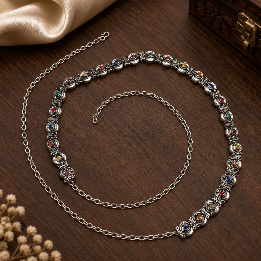 Sihaab Oxidised Silver Multicolour Bell Chain